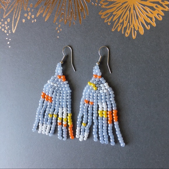 Light Gray BOHO Woven Seed Bead Fringe Earrings - Picture 3 of 6